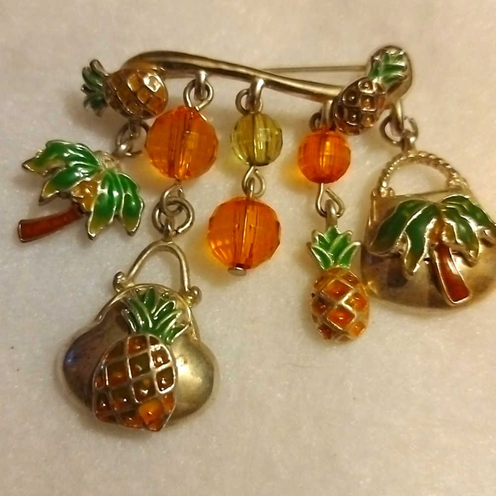 Vtg Silver Artisan Enamel painted pineapples & Palm tress Hanging Charms brooch
